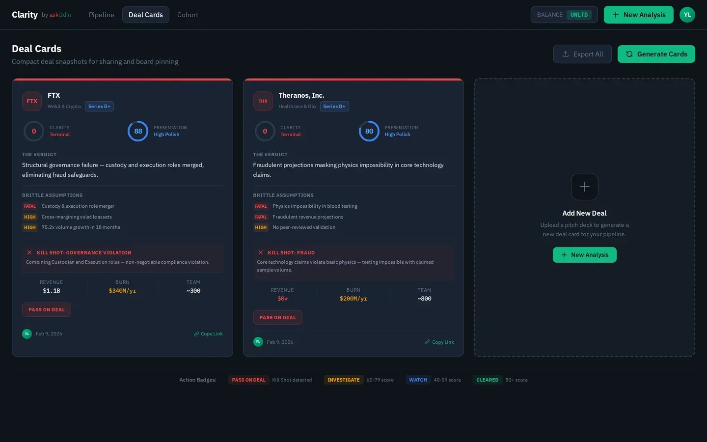 Clarity Deal Card — structured deal summary with Clarity Score