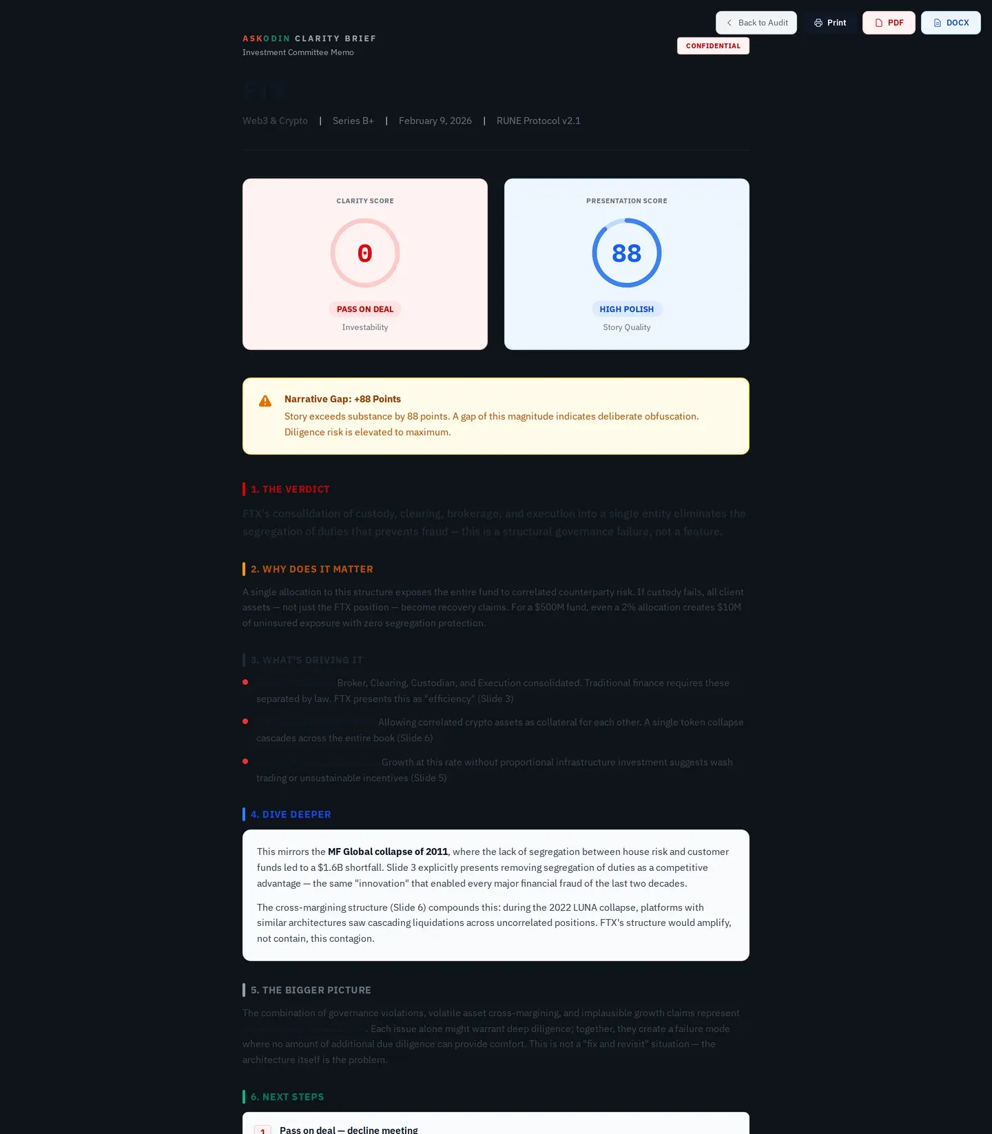 Clarity Brief — IC-ready investment memo with dual-score gauges